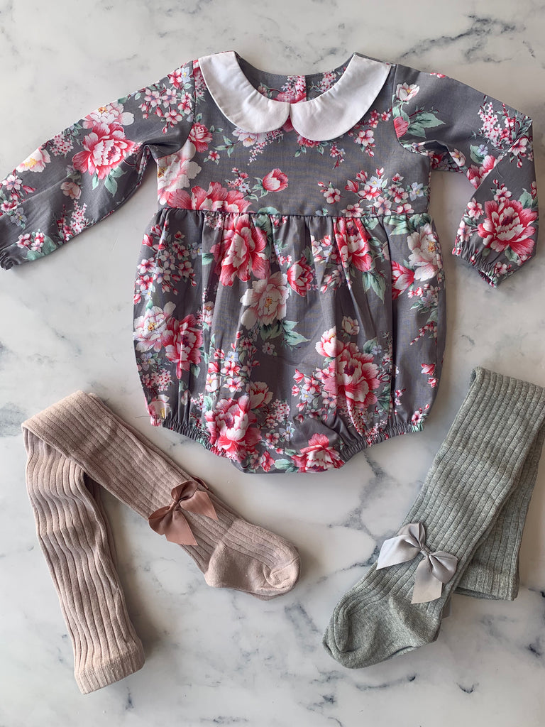 Grey and Pink Floral romper with white Peter pan collar - Love Sam